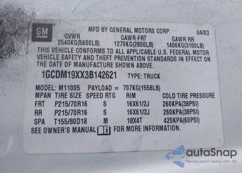 2003 Chevrolet Astro from USA, damaged, VIN 1GCDM19XX3B142621